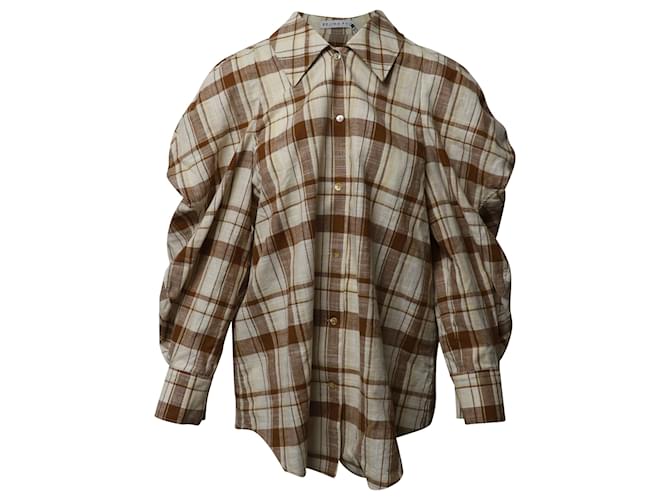 Rejina Pyo Julia Oversized Check Shirt in Brown Cotton Linen