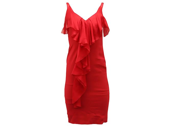DressValentino Ruffle Midi Dress in Red Silk  ref.527157