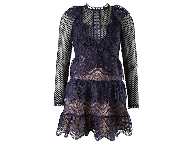 Self Portrait Tiered Guipure Lace Mini Dress in Blue Polyester  ref.527160