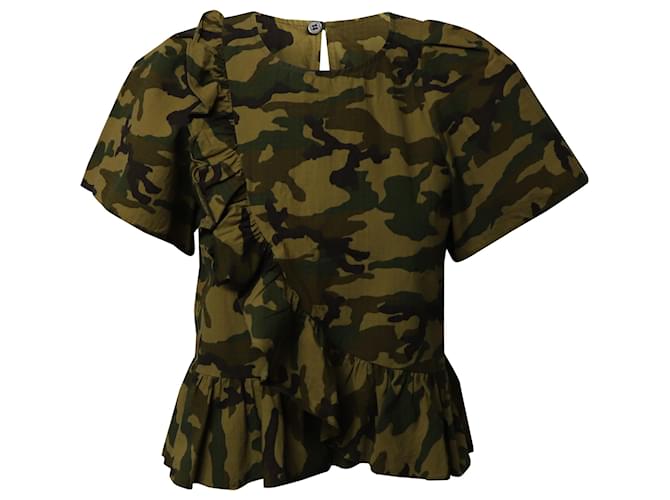 Sea New York Camouflage Ruffled Top in Green Cotton  ref.527191