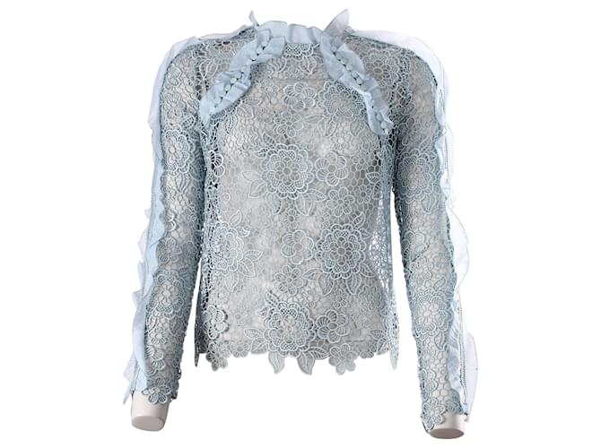 Self Portrait Cut-Out Floral Lace Ruffled Top in Blue Polyester  ref.527195