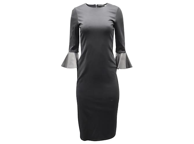 Alice + Olivia Crew Neck Midi Dress with Flared Sleeves in Black Viscose Polyester  ref.527211