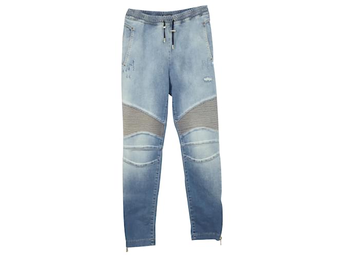 Balmain Stonewashed Biker Jeans aus hellblauer Baumwolle  ref.527239