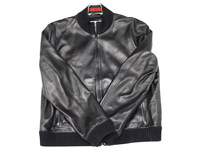 Gucci Ribbed Bomber Jacket in Black Leather  ref.527285