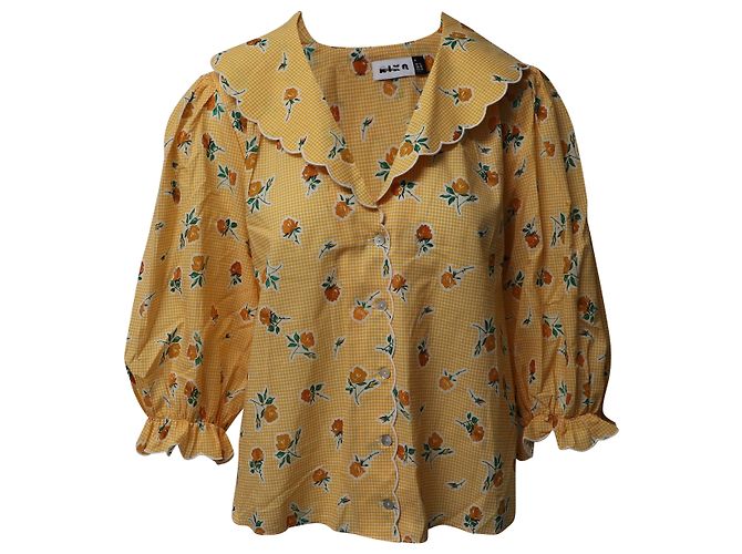 Autre Marque Blusa Rixo Gingham Collar com Mangas Puff em Algodão Amarelo