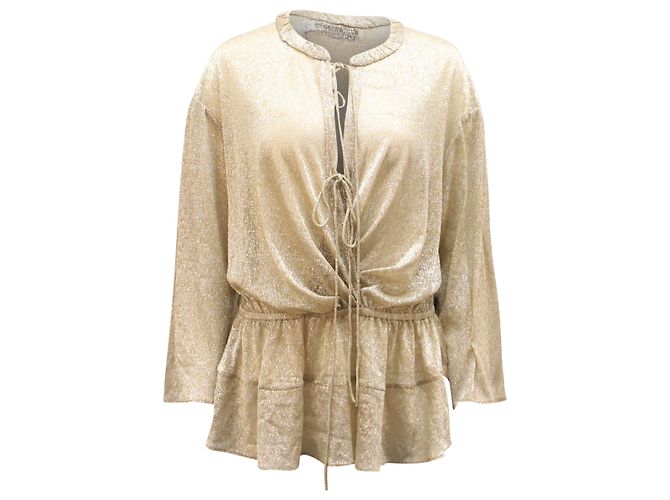 Iro Spacious Tie-Front Metallic Long-Sleeve Top in Gold Polyester Golden