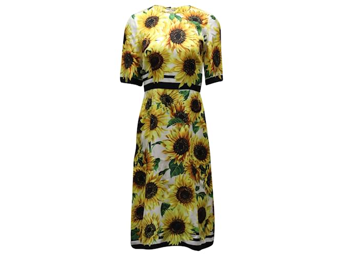 Dolce & Gabbana Sunflower Print Midi Dress in Yellow Silk ref