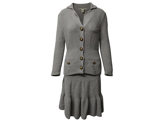 Diane Von Furstenberg Knit Buttoned Cardigan and Skirt in Grey Wool  ref.527453