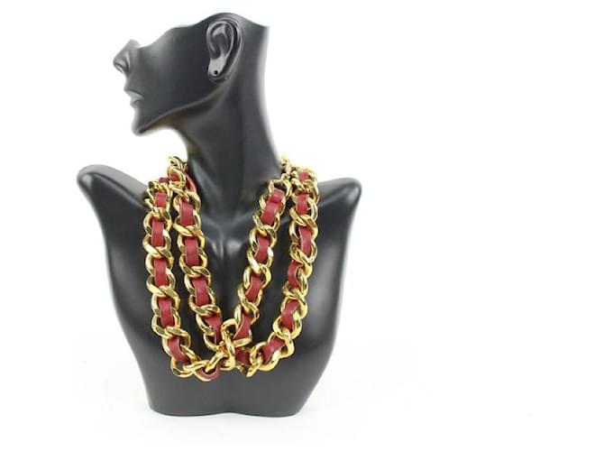 Chanel Rotes Leder x Goldkette mit verflochtenem Gürtel oder Halskettenmedaillon Weißgold  ref.527468