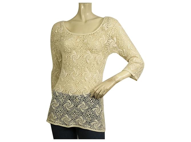 Dolce & Gabbana D&G Cream Crochet Knit Beaded Sheer Long 3/4 sleeve top Beige  ref.527645
