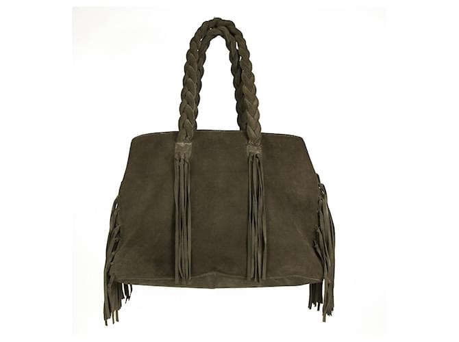 Autre Marque Grecian Chick Gray Suede Bohemian Large Shoulder Bag with Fringes Handbag  A super boho chic bag this is a beauty from Grecian Chick! This unique bag that is made from gray suede leather, it is embellished with fringes and features braided handles and snap top closure that opens to a roomy interior with three compartments, two open and a central zipped one, one zip and one patch pocket. A bag, impossible to pass unnoticed!! Grey  ref.527683