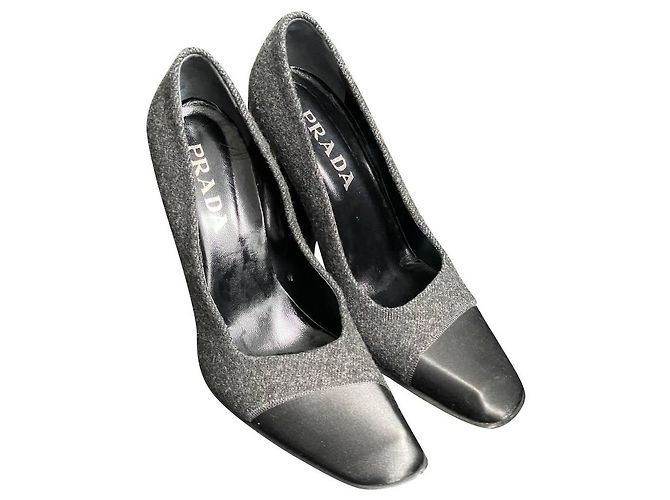 Prada Heels Black Grey Wool Satin Size 40