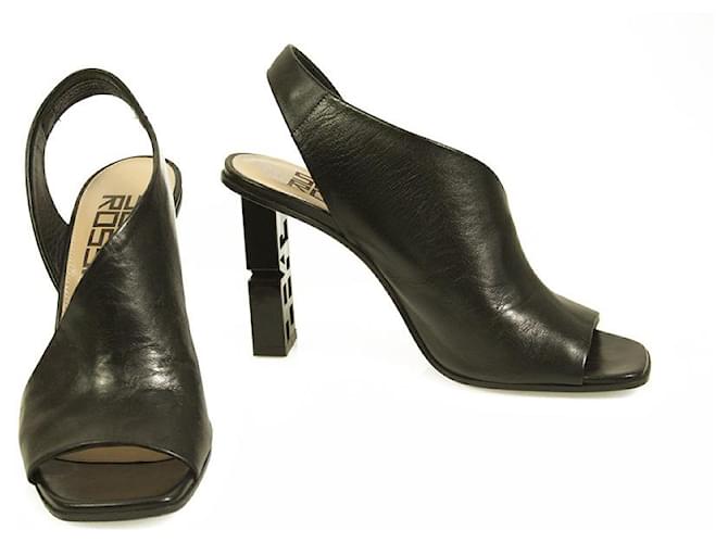 Sergio Rossi Black Leather Logo Sandálias com salto aberto bico fino sz 37, sapatos Preto Couro  ref.527724