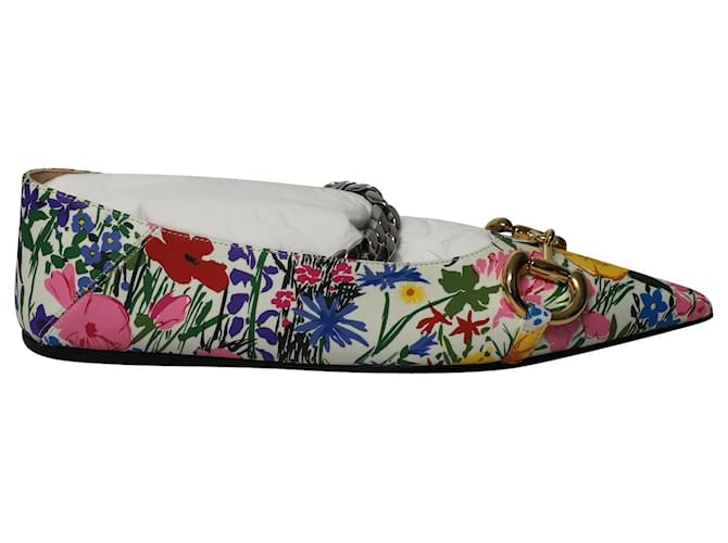 Gucci x Ken Scott Floral Print Pointed Flats with Chain Strap in Multicolor Leather Multiple colors  ref.528456