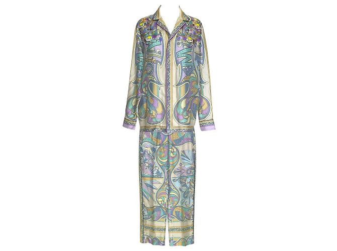 Completo camicia e pantaloni Emilio Pucci lilla, menta e seta gialla con paillettes e perle