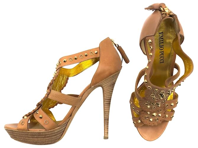 Emilio Pucci platform sandals with gold studs Yellow Camel Leather  ref.528469