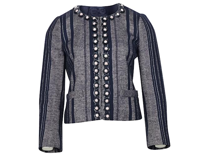 Chaqueta de lana azul con rayas de tweed Eliza de Tory Burch  ref.529152