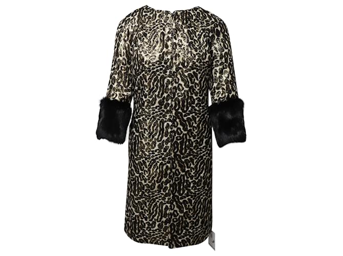 Tory Burch Animal Print Jacquard Coat with Fur Sleeves in Multicolor Silk Multiple colors  ref.529207