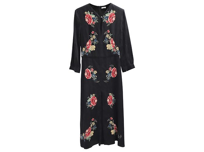 Vilshenko Langarm-Blumenkleid aus schwarzer Seide