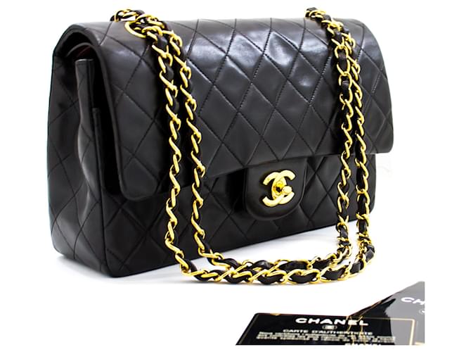Chanel 2.55 Bolsa de ombro com aba forrada de corrente média preta Preto Couro  ref.529694