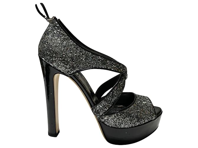 Miu Miu Glitter Embellished Platform Sandals in Silver Leather Silvery  ref.529983
