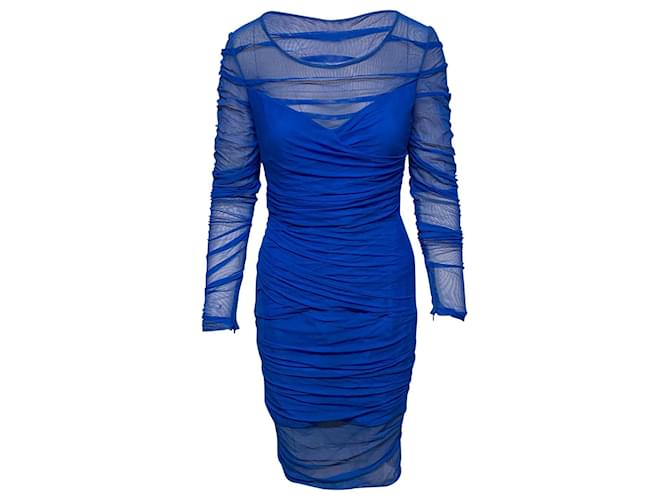 Versace Ruched Mesh Dress in Blue Polyamide  Nylon  ref.530021