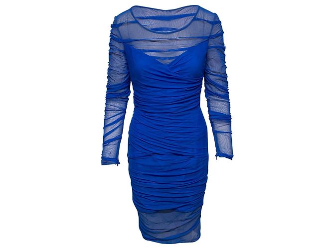 Versace Ruched Mesh Dress in Blue Polyamide