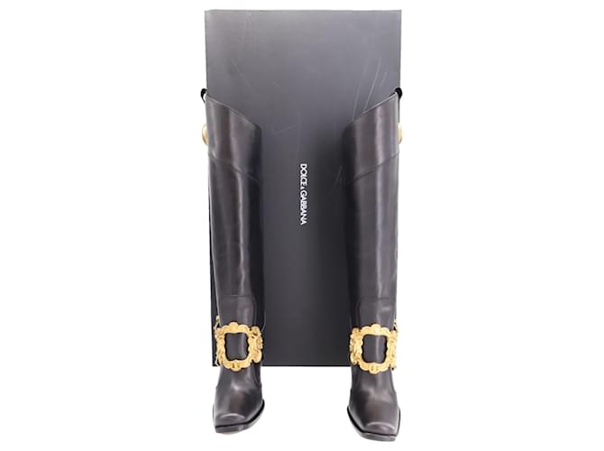 Dolce & Gabbana Knee High Boots with Gold Buckle Detail in Black Leather  ref.530045