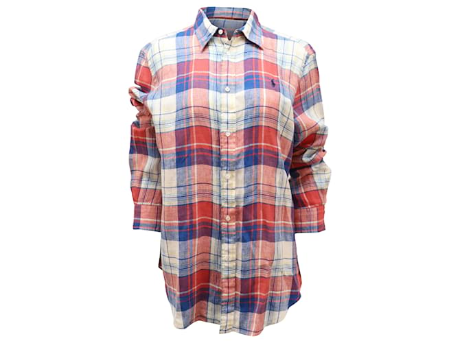 Kariertes Polo Ralph Lauren Classic Fit Hemd aus rotem und blauem Leinen  ref.530105