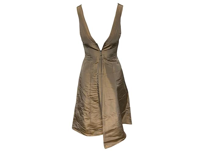 Calvin Klein Robe trapèze zippée sur le devant en soie marron Beige  ref.530170