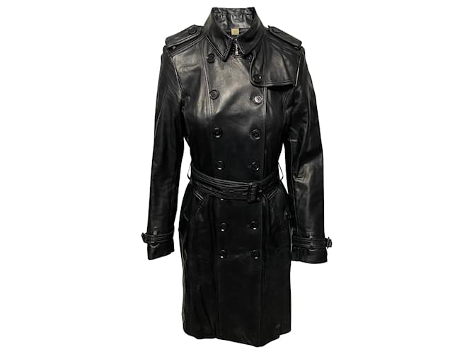 Burberry Double-breasted Trench Coat in Black Lambskin Leather  ref.530179