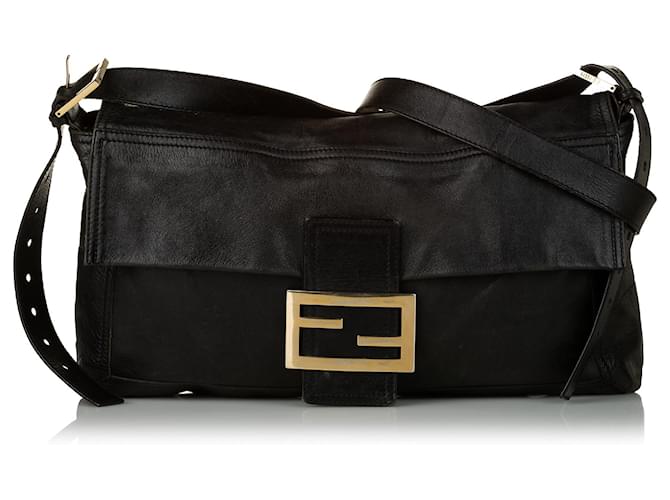 Fendi Black Maxi Baguette Leather Crossbody Bag Pony-style calfskin  ref.530381