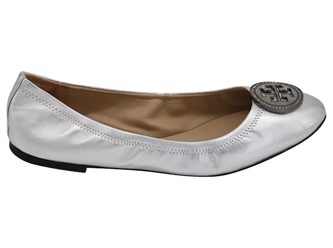 Tory Burch Liana Ballet Flat in Metallic Silver Napa Leather  ref.530505
