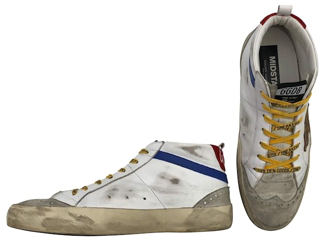 Baskets Golden Goose Mid Star en cuir blanc avec toile bleue