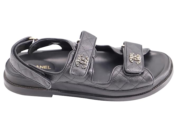Chanel Black Leather CC Dad Flat Sandals Size 36 Chanel
