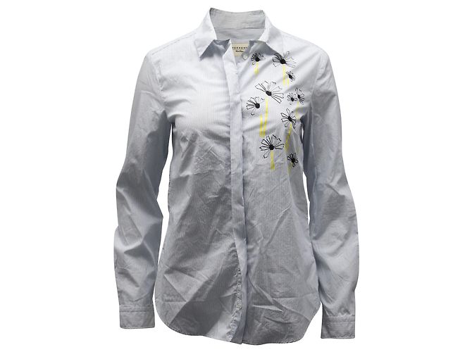 Max Mara Camicia Gessata Ricamata Margherita in Cotone Blu