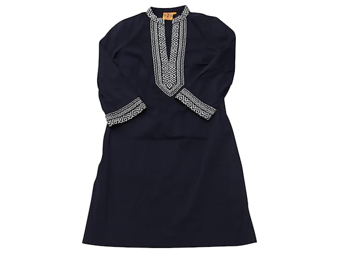 Tory Burch Embroidered Tunic Dress in Navy Blue Cotton  ref.530667