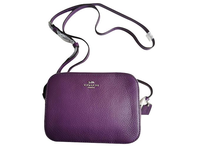 Mini bolsa camera Coach em couro ametista escuro Roxo Hardware prateado Roxo escuro