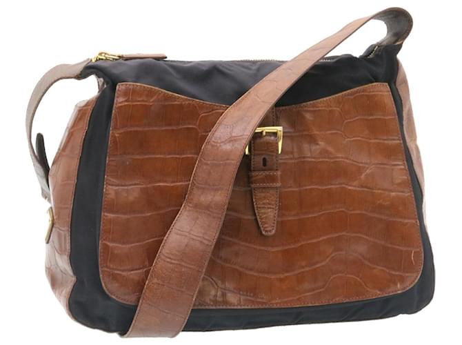PRADA Shoulder Bag Nylon Leather Black Brown Auth fm1163  ref.533482