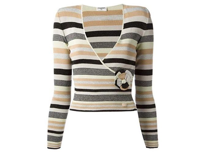 Chanel Striped Camelia Flower Oberteil / Pullover Schwarz Mehrfarben Beige