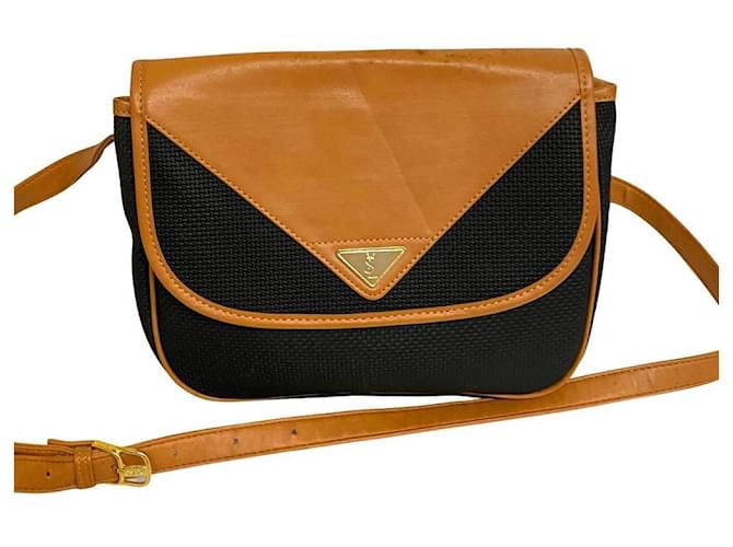[Used] Yves Saint Laurent YSL Logo Metal Fittings Leather Vintage Shoulder Bag Pochette Sakosh Bicolor Black Brown  ref.534225