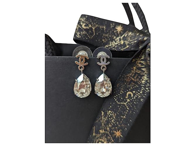 Chanel Silvertone Metal and Crystal CC Long Drop Earrings - Yoogi's Closet