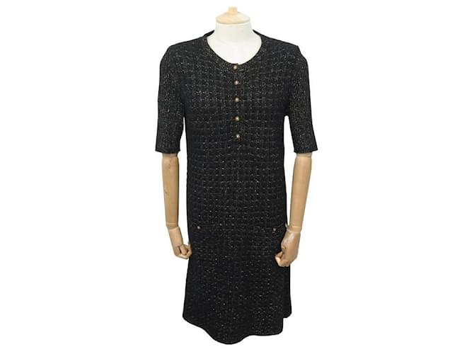 CHANEL P DRESS56993 TWEED LION HEAD BUTTONS SLEEVES 3/4 M 40 BLACK DRESS  ref.535013