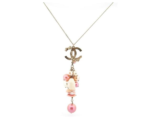 NEW CHANEL PENDANT NECKLACE LOGO CC PINK SHELLS GOLD METAL
