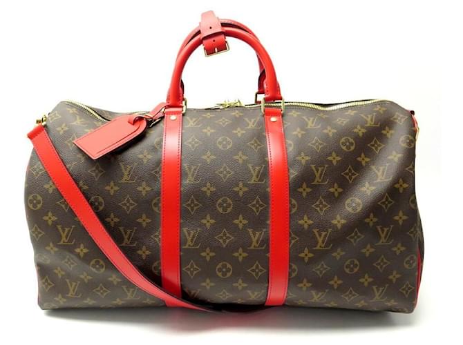 NEW LOUIS VUITTON KEEPALL TRAVEL BAG 50 RED LEATHER MONOGRAM CROSSBODY BAG Brown Cloth  ref.535139