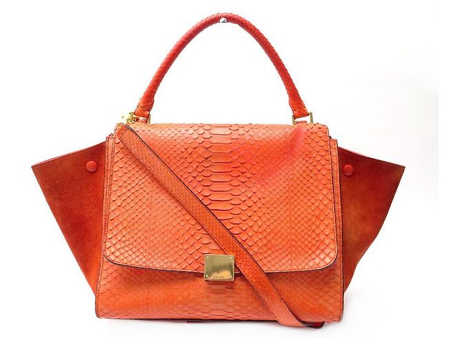 Céline BOLSA CELINE TRAPEZE MM EM PYTHON COURO E CAMURÇA LARANJA BOLSA BANDOULIERE