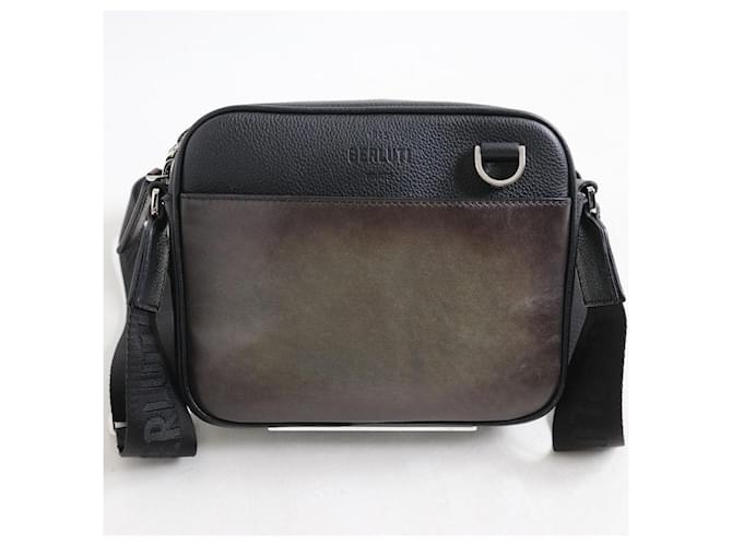 [Used] Good Condition ▽ Berluti M196078 Contrast Leather Mini  Messenger Bag / Shoulder Bag Black x Brown Men's  ref.535246
