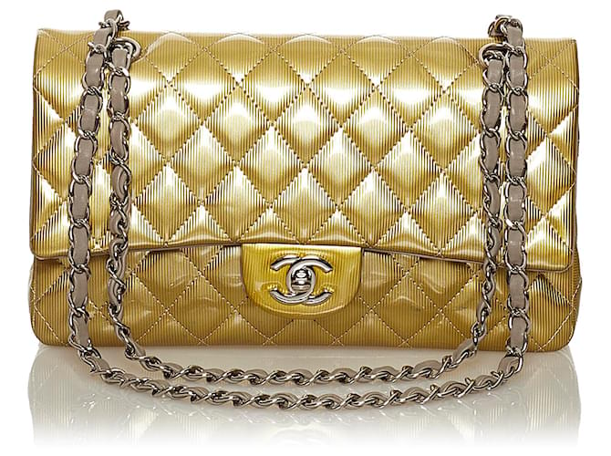 Chanel Gold Classic Patent Leather lined Flap Bag Golden  ref.535305