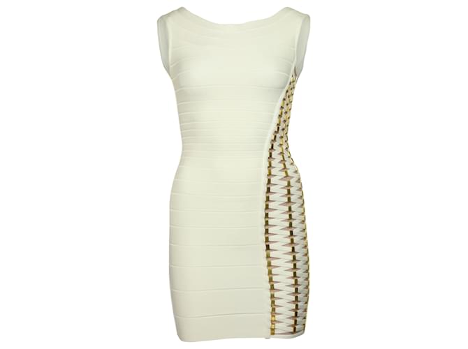 Herve Leger – Kassandra – Verziertes, figurbetontes Kleid aus elfenbeinfarbener Kunstseide Weiß Roh Strahl Zellulosefaser  ref.535431
