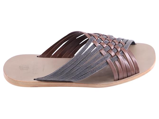 Brunello Cucinelli Bead-Embellished Woven Slides in Brown Leather  ref.535474